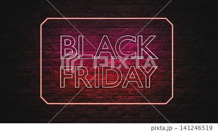 3D Black Friday Neon Sign Render on Dark Brick Wall with Red Pink Glowing Text Illustration 141246519