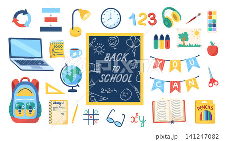 Back to school concept. Perfect for education themes, online learning, classroom materials, and creative projects. Back to school concept. Perfect for education themes, online learning, classroom materials, and creative projects. 141247082