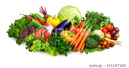 Fresh vegetables pile vibrantly against a clean white backdrop Fresh vegetables pile vibrantly against a clean white backdrop 141247108
