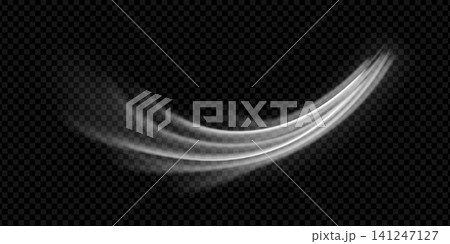 Air breeze with cool wind effect and fresh flow for conditioner background. White wave stream with realistic motion and clean texture on black. Vector graphic png with neon shine overlay for display 141247127