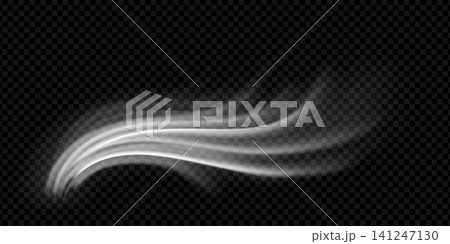 Air wind with fresh breeze flow and cool white stream on black background. Clean wave motion with realistic texture and light shine effect. Vector png graphic overlay for room with conditioner 141247130
