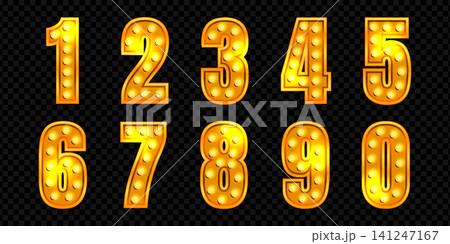 3d light font number. Marquee alphabet for circus with led bulb. Neon broadway show typography with lamp. Theater event typeface for magic decoration in yellow. Grand Vegas night glowing design. 3d light font number. Marquee alphabet for circus with led bulb. Neon broadway show typography with lamp. Theater event typeface for magic decoration in yellow. Grand Vegas night glowing design. 141247167