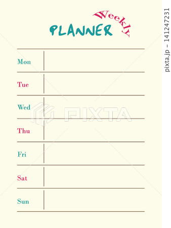 Simple beige weekly planner template with a stylized title and horizontal sections for each day of the week, perfect for scheduling. Simple beige weekly planner template with a stylized title and horizontal sections for each day of the week, perfect for scheduling. 141247231