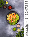 Boiled shrimps serving with lettuce and lime sauce 141247285