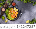 Cooked shrimp seafood meal with fresh lime and herbs 141247287