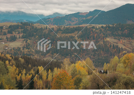 Panoramic landscape of valley in Carpathian mountains. Scenic valley landscape with autumn forest. Travel in Ukraine. Amazing falling season in Carpathian mountains. Panoramic landscape of valley in Carpathian mountains. Scenic valley landscape with autumn forest. Travel in Ukraine. Amazing falling season in Carpathian mountains. 141247418