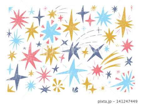 Colorful stars hand drawn with crayon or oil pastel. Set of twinkles, blinks and sparks with scribble texture. Stickers in a childish style. Vector illustration isolated on white. Colorful stars hand drawn with crayon or oil pastel. Set of twinkles, blinks and sparks with scribble texture. Stickers in a childish style. Vector illustration isolated on white. 141247449