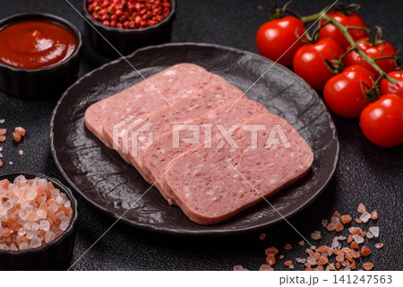 Canned spiced ham slices for holiday sandwiches. Ham slices 141247563