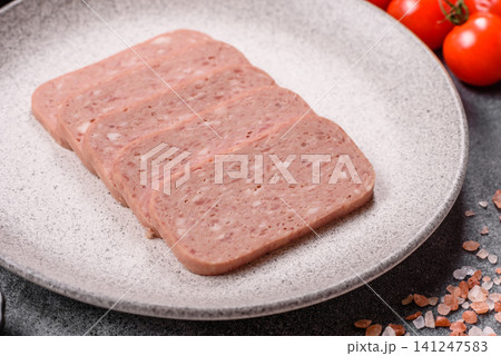 Canned spiced ham slices for holiday sandwiches. Ham slices Canned spiced ham slices for holiday sandwiches. Ham slices 141247583