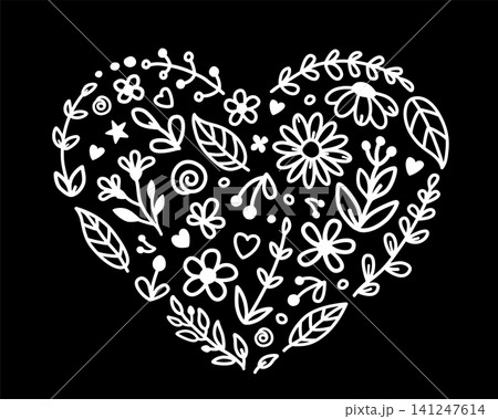 Linear floral heart, flower wreath, wildflowers decoration 141247614