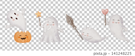 Cute watercolor Halloween ghost characters set with heart or magic wand, flying broom and pumpkin for sweet spooky seasonal designs Cute watercolor Halloween ghost characters set with heart or magic wand, flying broom and pumpkin for sweet spooky seasonal designs 141248225