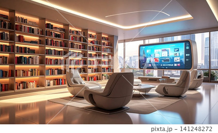 Modern Luxury Library with Futuristic Seating Area and Large Dig Modern Luxury Library with Futuristic Seating Area and Large Dig 141248272