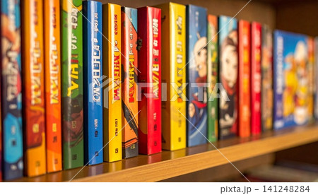 Row of Vibrant Manhwa Comic Books on Wooden Shelf with Shallow D Row of Vibrant Manhwa Comic Books on Wooden Shelf with Shallow D 141248284