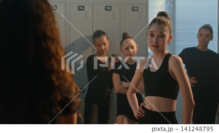 Group of Girls Bullying and Filming Teammate in Studio Locker Room 141248795