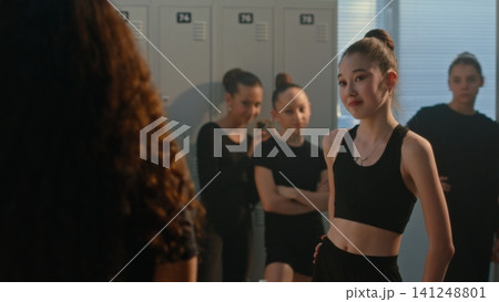 Group of Girls Bullying and Filming Teammate in Studio Locker Room Group of Girls Bullying and Filming Teammate in Studio Locker Room 141248801