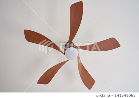 Ceiling fan with five wooden blades and integrated light mounted on white ceiling 141249065