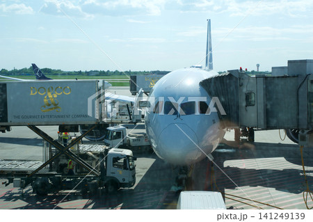 Warsaw, Poland, May 10 2018: Boeing 787 at the gate before departure to the USA Warsaw, Poland, May 10 2018: Boeing 787 at the gate before departure to the USA 141249139