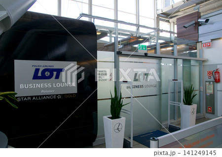 Warsaw, Poland, May 10 2018: Entrance to business lounge of a Polish airline Warsaw, Poland, May 10 2018: Entrance to business lounge of a Polish airline 141249145