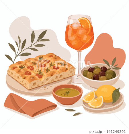 Vsai italian aperitif with focaccia, olives, and spritz drink Vsai italian aperitif with focaccia, olives, and spritz drink 141249291
