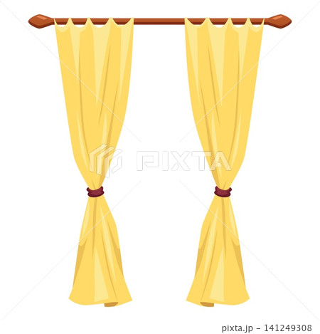 Beige curtains and draperies on cornice tied on sides of tassels, vector flat interior decoration, drapery textile shade Beige curtains and draperies on cornice tied on sides of tassels, vector flat interior decoration, drapery textile shade 141249308