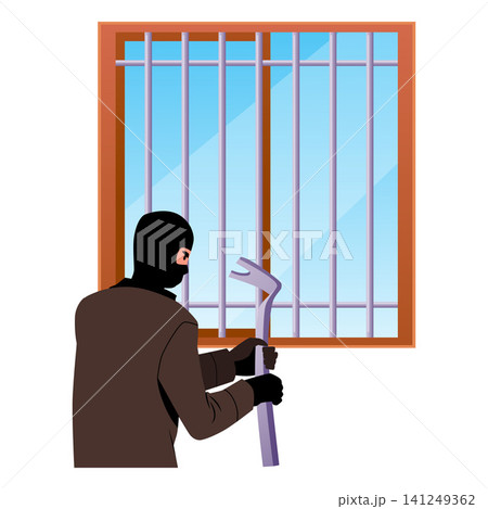 Burglar with crowbar breaks the bars on window, robbery vector flat illustration, metal grating, security guard lattice Burglar with crowbar breaks the bars on window, robbery vector flat illustration, metal grating, security guard lattice 141249362