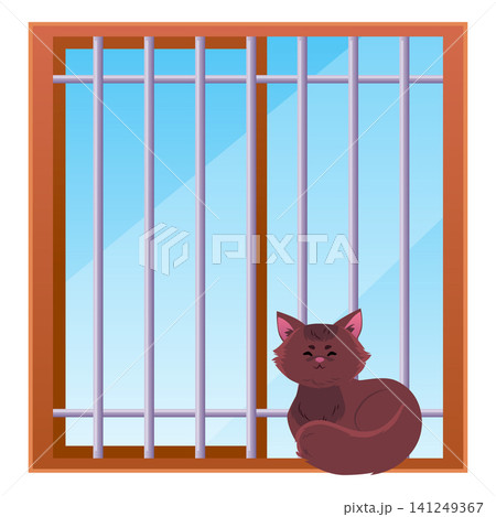 Rectangular wooden window with bars, blue sky, and a cat on the windowsill. Rectangular wooden window with bars, blue sky, and a cat on the windowsill. 141249367