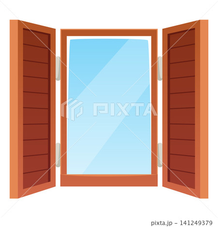 An open rectangular window with wooden shutters and clear blue glass. An open rectangular window with wooden shutters and clear blue glass. 141249379