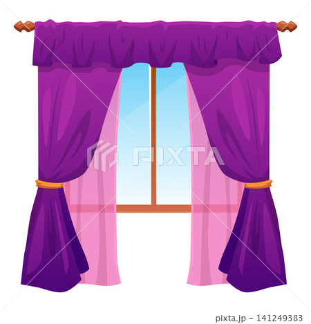 Window with purple curtains labrecque and drapery on cornice tied on sides of tassel, vector flat interior textile shade 141249383
