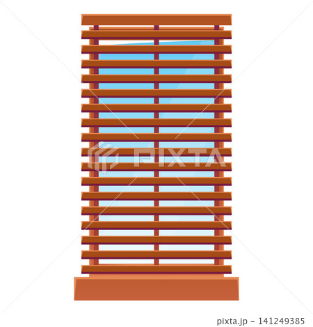 Window with wooden blinds, brown frame with close jalousie and wooden window sill, vector flat horizontal shutters shade 141249385