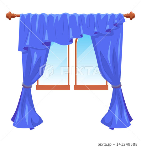 Window with blue curtains and draperies on cornice tied on sides of tassel, vector flat interior design textile shade Window with blue curtains and draperies on cornice tied on sides of tassel, vector flat interior design textile shade 141249388