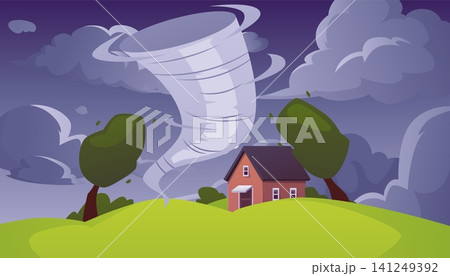 Tornado storm near the house vector flat illustration, hurricane wind vortex, typhoon natural disaster Tornado storm near the house vector flat illustration, hurricane wind vortex, typhoon natural disaster 141249392
