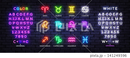 Glowing zodiac neon signs with editable alphabet and number collection. Modern astrology bundle for horoscope graphics, cosmic branding and luminous decoration. 141249396