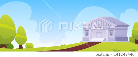 Museum building on the lawn, vector cartoon historical architecture construction with signboard, statue and columns 141249446