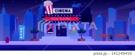Cinema building on cityscape at night, vector flat movie entertainment industry house signboard with light bulbs popcorn Cinema building on cityscape at night, vector flat movie entertainment industry house signboard with light bulbs popcorn 141249450