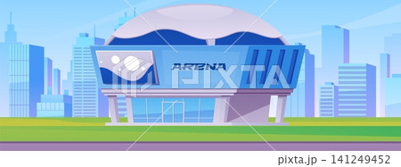 Arena building on cityscape, vector flat sport and entertainment house blue design with signboard and rounded roof Arena building on cityscape, vector flat sport and entertainment house blue design with signboard and rounded roof 141249452