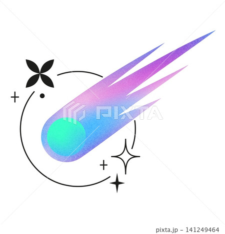 Gradient burning meteorite fly with line art rings and sparkles, vector abstract neon grainy mesh colored asteroid comet Gradient burning meteorite fly with line art rings and sparkles, vector abstract neon grainy mesh colored asteroid comet 141249464