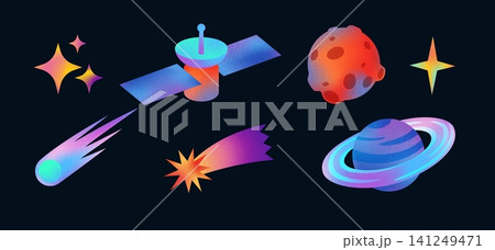 Gradient space elements vector set, abstract grainy cosmic planet, meteorite, star and orbital satellite, galaxy objects Gradient space elements vector set, abstract grainy cosmic planet, meteorite, star and orbital satellite, galaxy objects 141249471