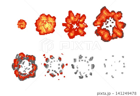 Dynamite or bomb explosion pixel art animation vector set, cartoon retro 8 bit videogame burn fire blast flame and smoke Dynamite or bomb explosion pixel art animation vector set, cartoon retro 8 bit videogame burn fire blast flame and smoke 141249478