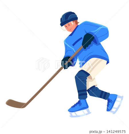 Ice hockey player wearing blue gear and uniform slides with hockey stick, vector cartoon team sport game competition 141249575