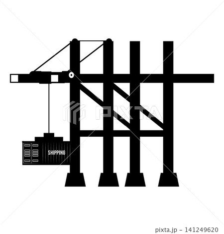 Lifting crane loading cargo ship container vector black silhouette, delivery, shipping, freight transportation isolated 141249620