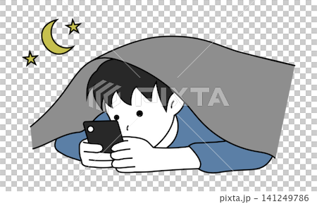 An illustration of a child looking at a smartphone in bed at night. An illustration of a child looking at a smartphone in bed at night. 141249786