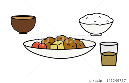 からあげとごはんと味噌汁が並んだ和食の食卓のイラスト からあげとごはんと味噌汁が並んだ和食の食卓のイラスト 141249787