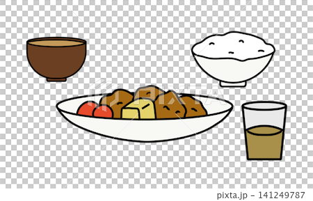 からあげとごはんと味噌汁が並んだ和食の食卓のイラスト からあげとごはんと味噌汁が並んだ和食の食卓のイラスト 141249787