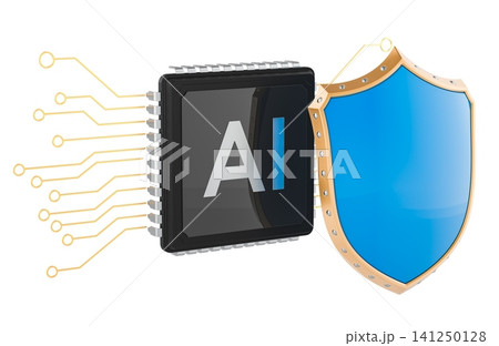 AI chip protected by cybersecurity shield. 3D rendering 141250128