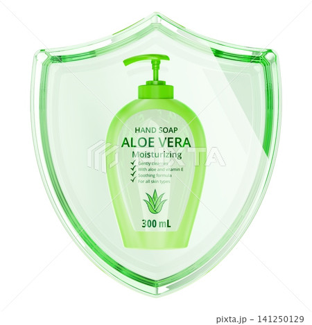 Aloe vera hand soap with transparent green shield. 3D rendering 141250129