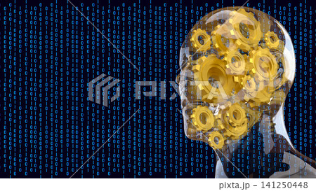 Transparent Human Mind With Gears In Binary Data 3d render. Transparent Human Mind With Gears In Binary Data 3d render. 141250448