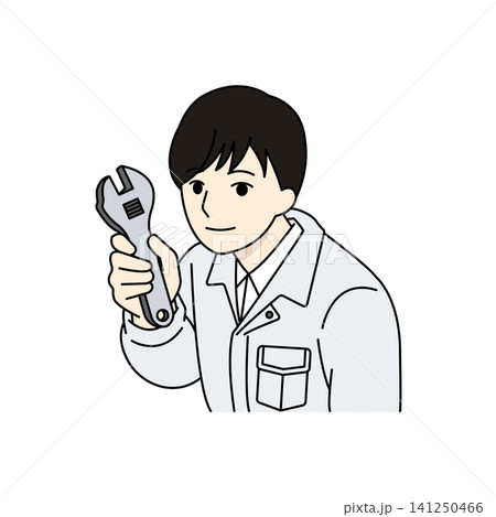 男性作業員 ホワイト作業服 工具 スパナ 整備 メンテナンス 男性作業員 ホワイト作業服 工具 スパナ 整備 メンテナンス 141250466