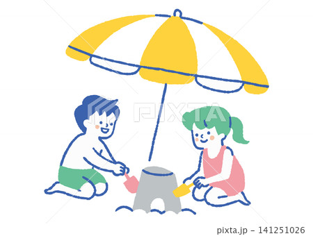 海辺で砂遊びをする男の子と女の子_色 海辺で砂遊びをする男の子と女の子_色 141251026