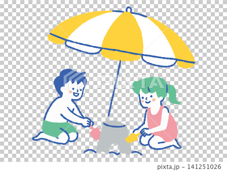 海辺で砂遊びをする男の子と女の子_色 海辺で砂遊びをする男の子と女の子_色 141251026