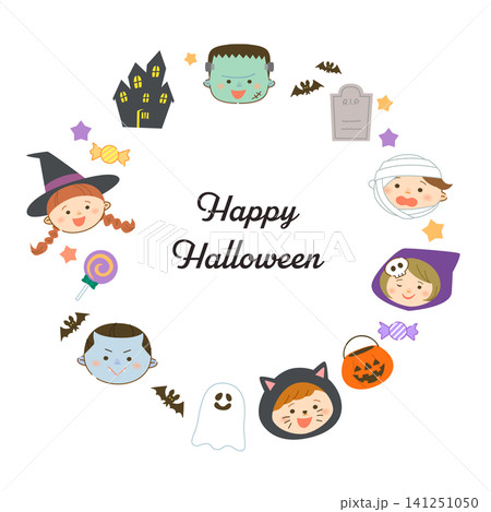 かわいいハロウィンキャラクターの円形フレーム Happy Halloween イラスト素材 かわいいハロウィンキャラクターの円形フレーム Happy Halloween イラスト素材 141251050